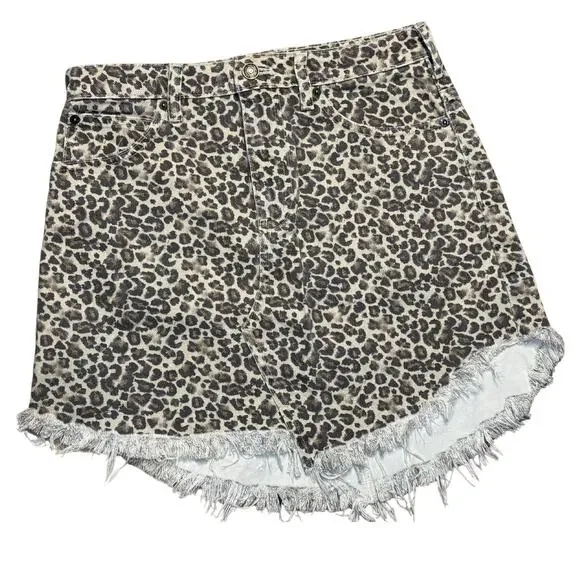 Free People We The Free Bailey Leopard Print Frayed Hem Denim Mini Skirt Sz 26 - Picture 4 of 11
